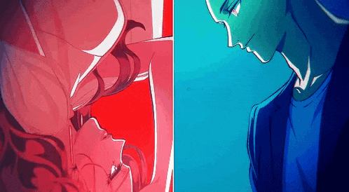 a man and a woman are looking at each other in a red and blue painting .