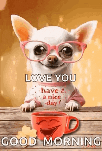 a chihuahua wearing glasses is sitting next to a cup of coffee on a table .