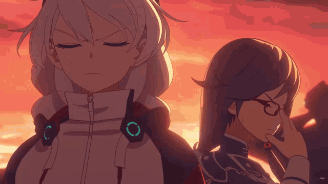 two anime characters are standing next to each other and one has glasses