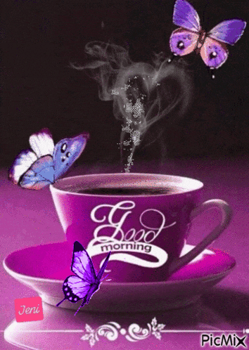 a cup of coffee that says good morning with butterflies around it