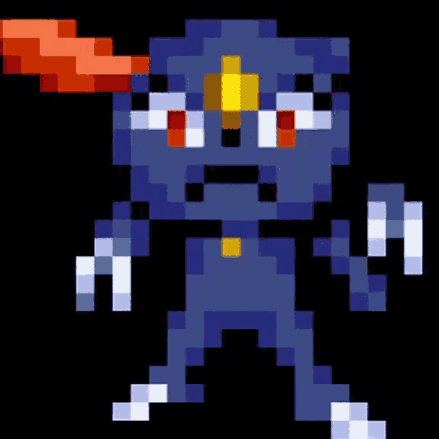a pixel art drawing of a cat with a red feather on its head
