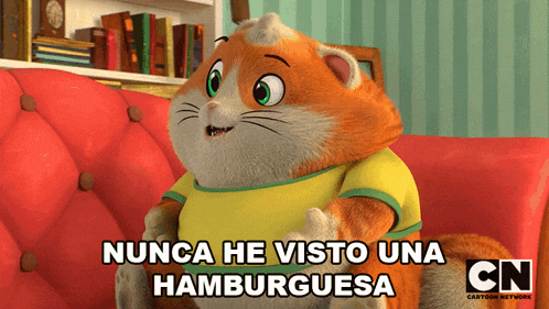 a cartoon cat sitting on a red couch with the words nunca he visto una hamburguesa