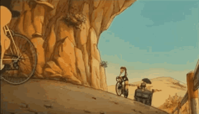 a cartoon drawing of a person riding a bike down a road