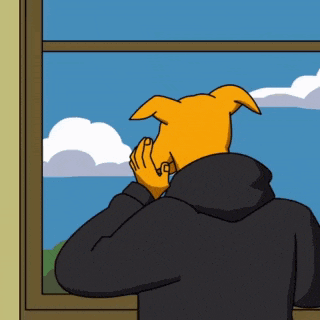 a cartoon character looking out a window with a dog behind his head