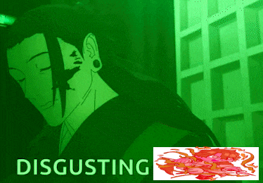 a green background with a drawing of a man and the words disgusting