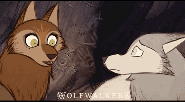 two cartoon wolves are looking at each other and the words wolfwalkers are below them