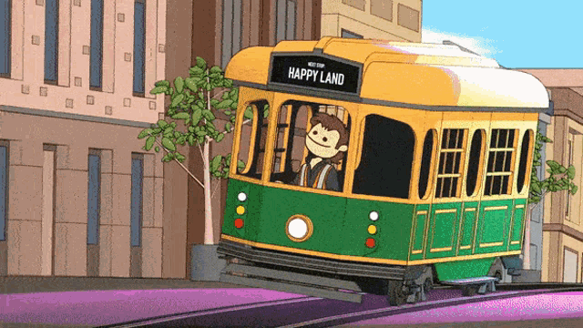 a cartoon of a trolley that says happy land