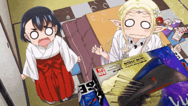 two anime girls standing next to a box that says ' boi ski ' on it