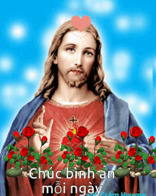 a picture of jesus surrounded by red roses with the words " chúc bình an mỗi ngày " on the bottom