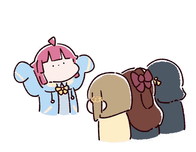 a cartoon of a girl with pink hair standing next to three other girls