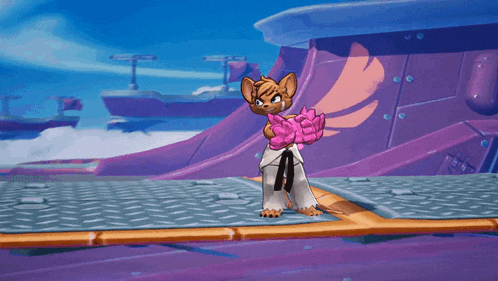 a cartoon character is holding a pink flower in a video game