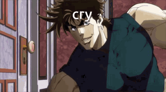 a man in a blue shirt with the word cry written on his face