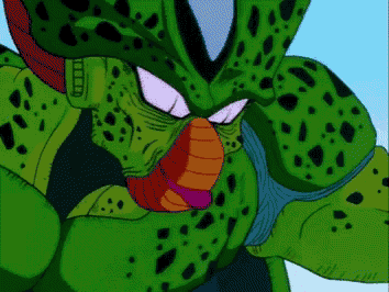 a close up of a cartoon character with a purple eye