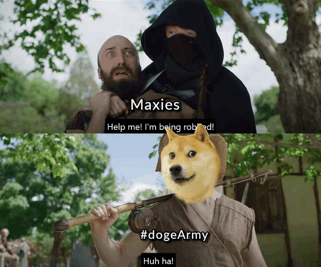 a doge army meme shows a man being robbed