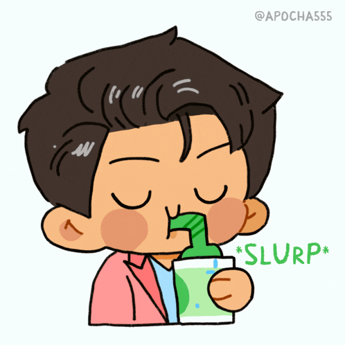 a cartoon drawing of a man drinking from a green bottle with the word slurp below him