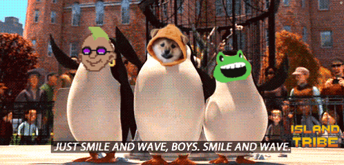 three penguins are standing next to each other with the words just smile and wave boys smile and wave on the bottom