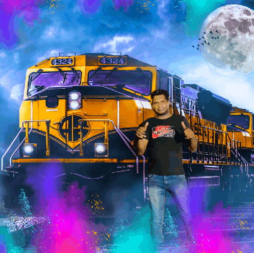 a man giving a thumbs up in front of a train with the number 4324 on the front