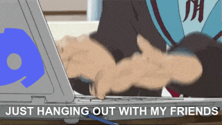 a cartoon of a person using a laptop with the words just hanging out with my friends above them