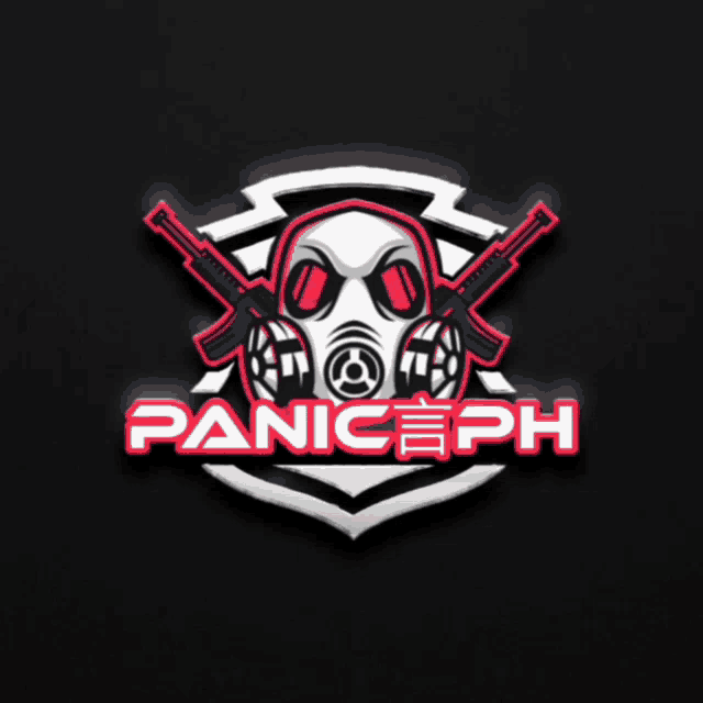 a logo for paniceph has a gas mask and two guns