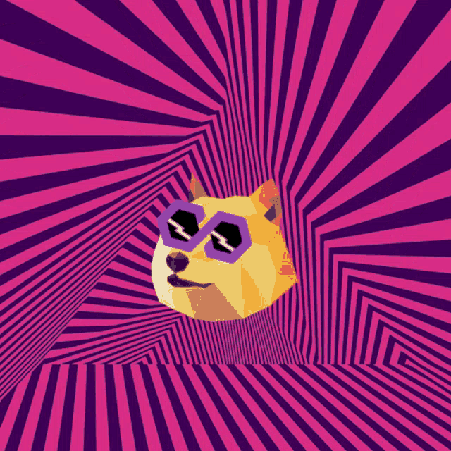 a dog wearing sunglasses on a purple and pink striped background