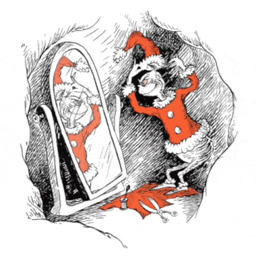a black and white drawing of dr. seuss grinch looking at himself in a mirror