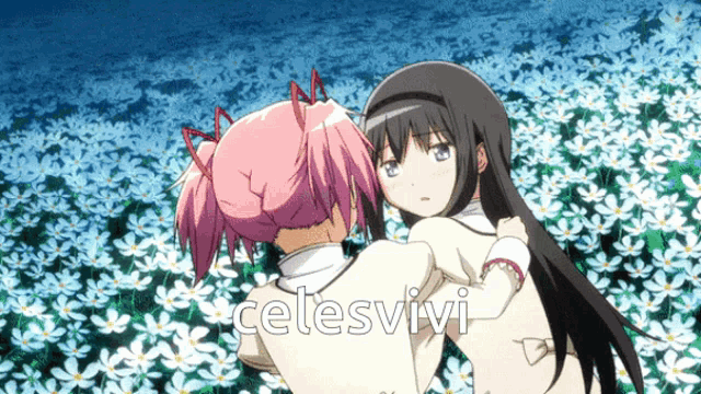 a couple of anime girls standing in a field of white flowers with celesvivi written on the bottom