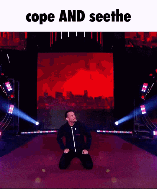 a man is kneeling down on a stage with the words cope and seethe above him