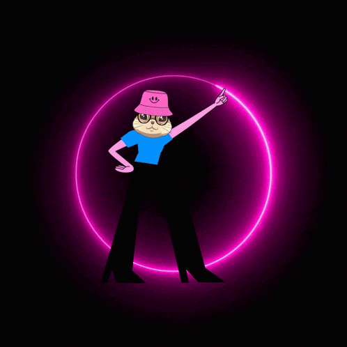 a cartoon cat wearing a pink hat with a smiley face on it points at something