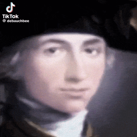 a close up of a painting of george washington wearing a hat and a white shirt .