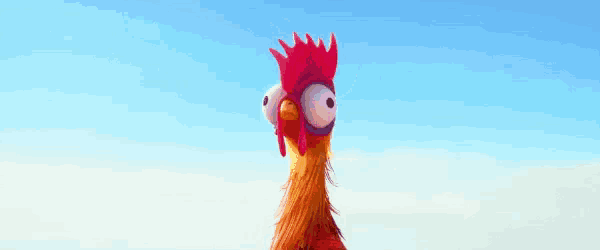 a cartoon rooster with big eyes and a red crest is standing in the sky .