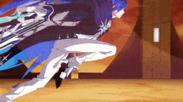 a person with blue hair and white pants is jumping in the air