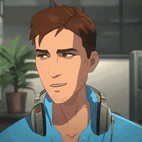 a man wearing headphones and a blue shirt is smiling in a cartoon .