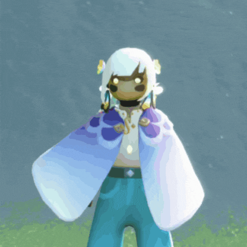 a cartoon character with white hair and a purple cape