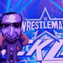 a person holding a stuffed animal in front of a wrestlemania logo