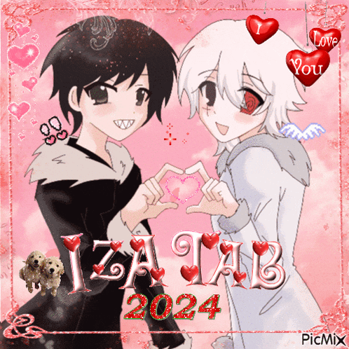 two anime characters making a heart shape with their hands and the year 2024 on the bottom
