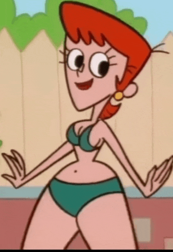 a cartoon character in a bikini is standing in front of a wooden fence