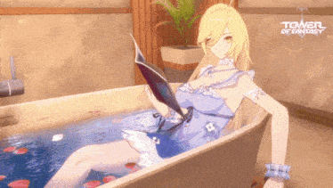 a girl is sitting in a bathtub reading a book with a tower of fantasy logo in the background