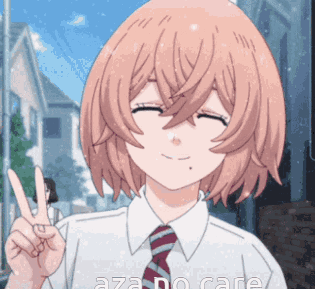a girl in a white shirt and tie is giving the peace sign