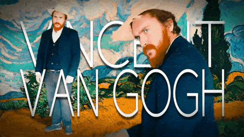 a man with a beard is standing in front of a painting that says vincent van gogh on it