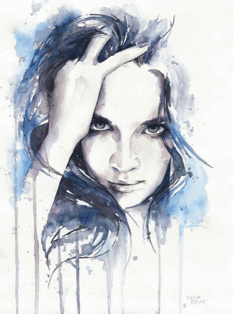 a watercolor painting of a woman 's face has the year 2015 on the bottom right