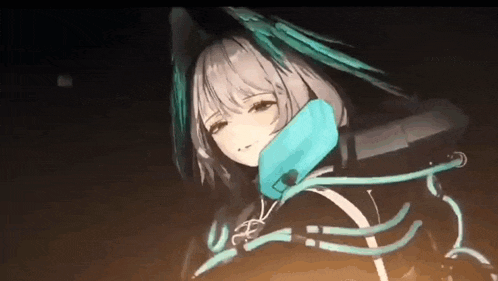 a girl with white hair and green wings is wearing a black jacket and a blue scarf .