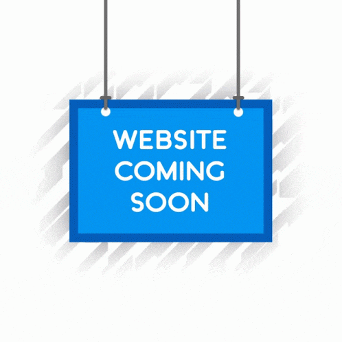 a blue sign that says website coming soon hangs from a string