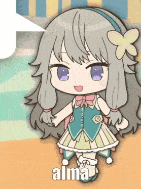 a cartoon of a girl with a flower in her hair and the word alma on the bottom