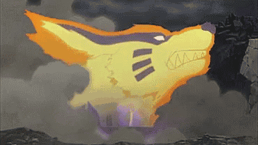 a cartoon drawing of a fox with a purple stripe on its head