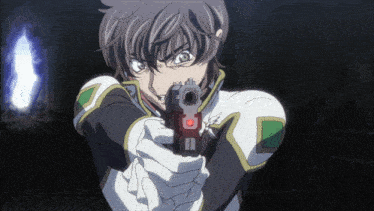 a cartoon character is pointing a gun at the camera with a red light on the barrel
