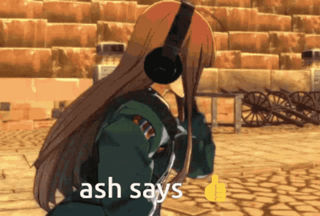 a girl wearing headphones says " ash says " in front of a brick wall