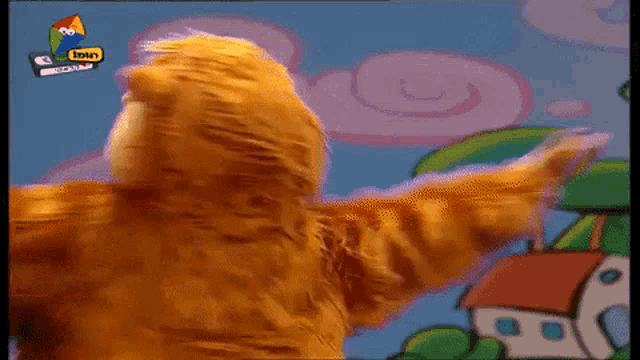 a cartoon character is dancing in front of a sign that says ' hein ' on it