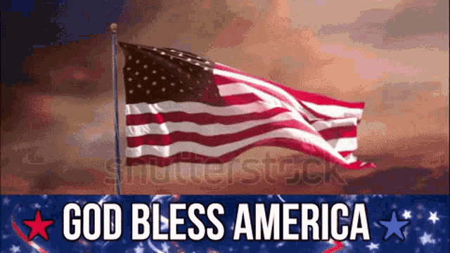 an american flag is waving in the wind with the words god bless america written below it