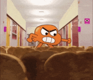 a cartoon character is standing in a hallway with a bunch of chairs