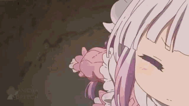 a close up of a anime girl with white hair and pink ears .